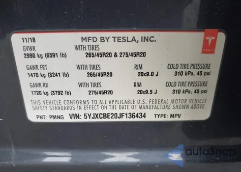 2018 Tesla Model X 100D/75D/P100D из США, поврежденный, VIN 5YJXCBE20JF136434